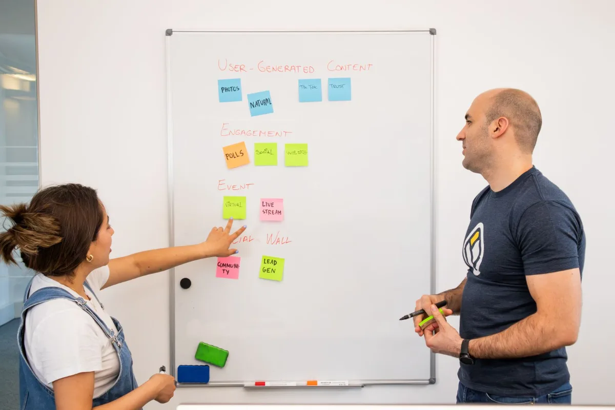 A whiteboard split into two columns labeled buy now and buy later with sticky notes under each