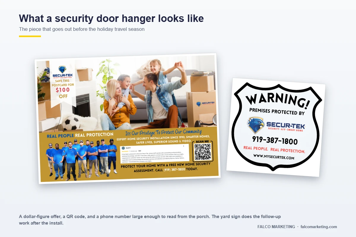 Home security door hanger design with a tracked phone number