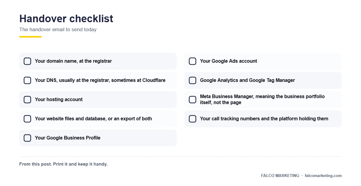 Nine-item marketing account handover checklist for local business owners