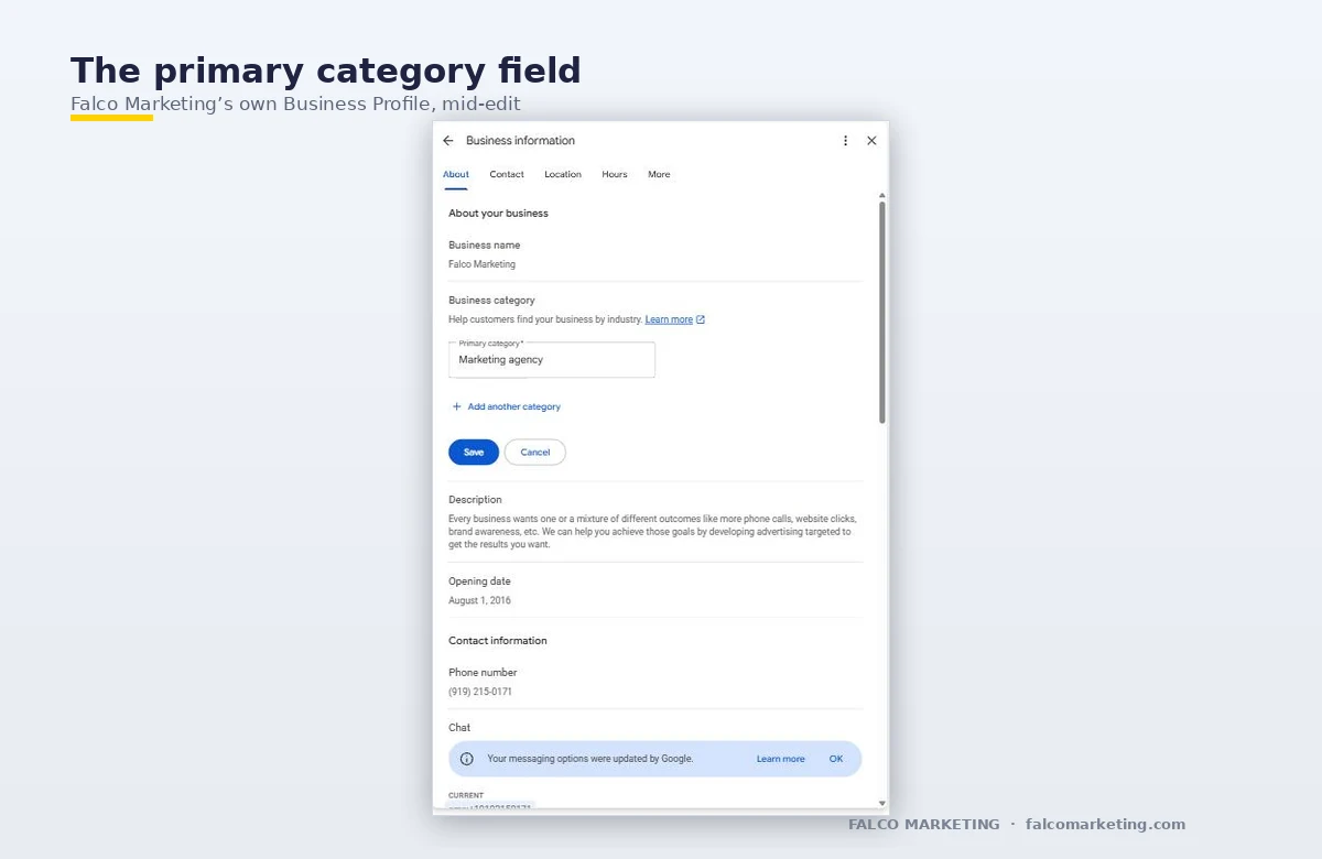 Google Business Profile category selector showing primary category options