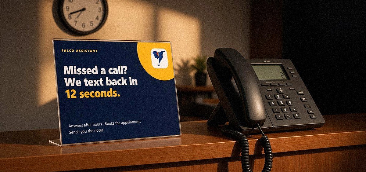 Ringing desk phone beside a Falco Assistant counter card