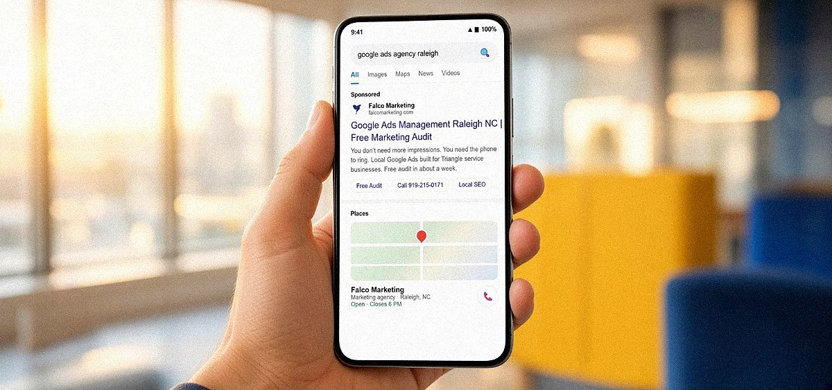 Hand holding a phone showing a sponsored Google search result