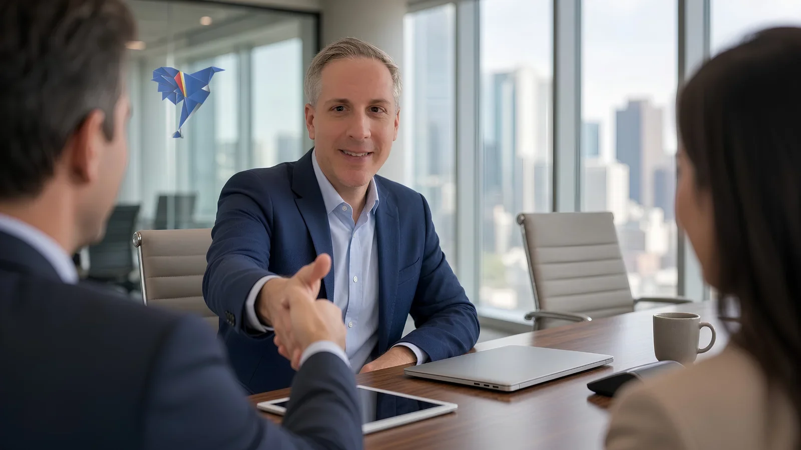 Trey Linder, founder of Falco Marketing, shaking hands with a client across a conference table