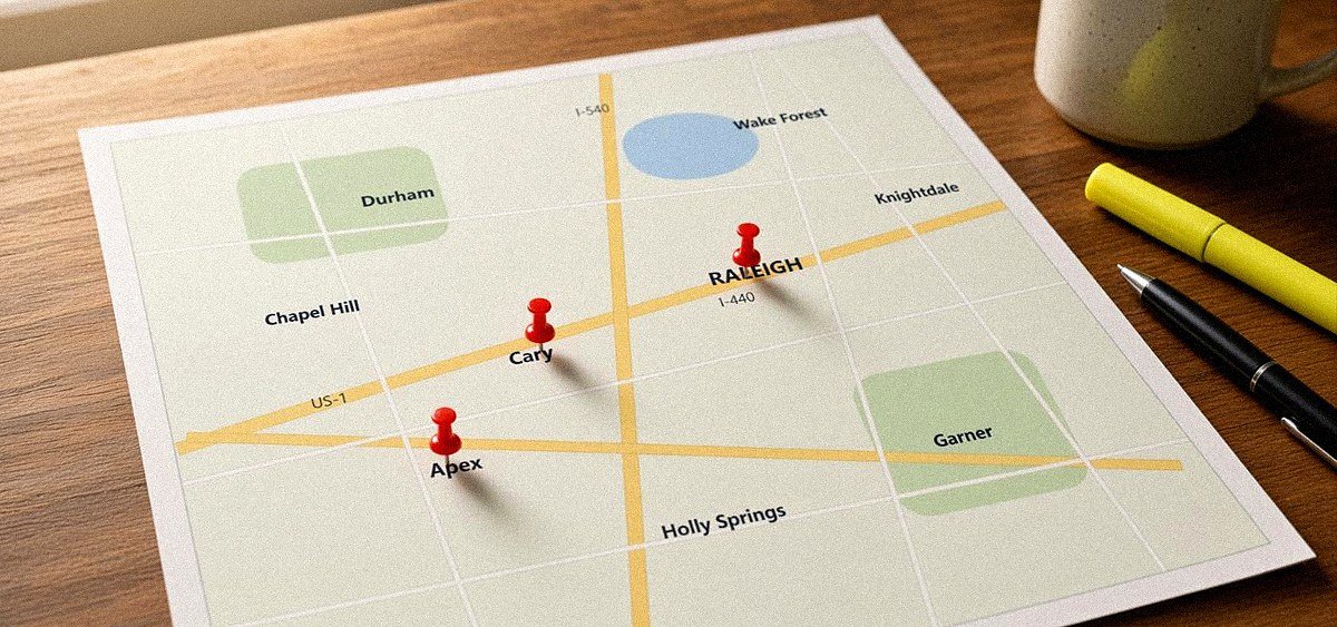 Map of the Raleigh, Cary, Apex and Durham area marked with local search pins