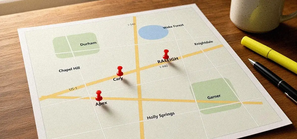 Map of the Raleigh, Cary, Apex and Durham area marked with local search pins