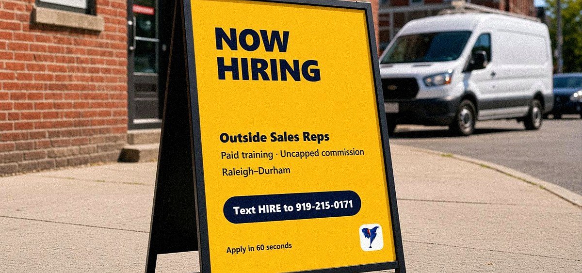 Now Hiring A-frame sign on a sidewalk outside a local business