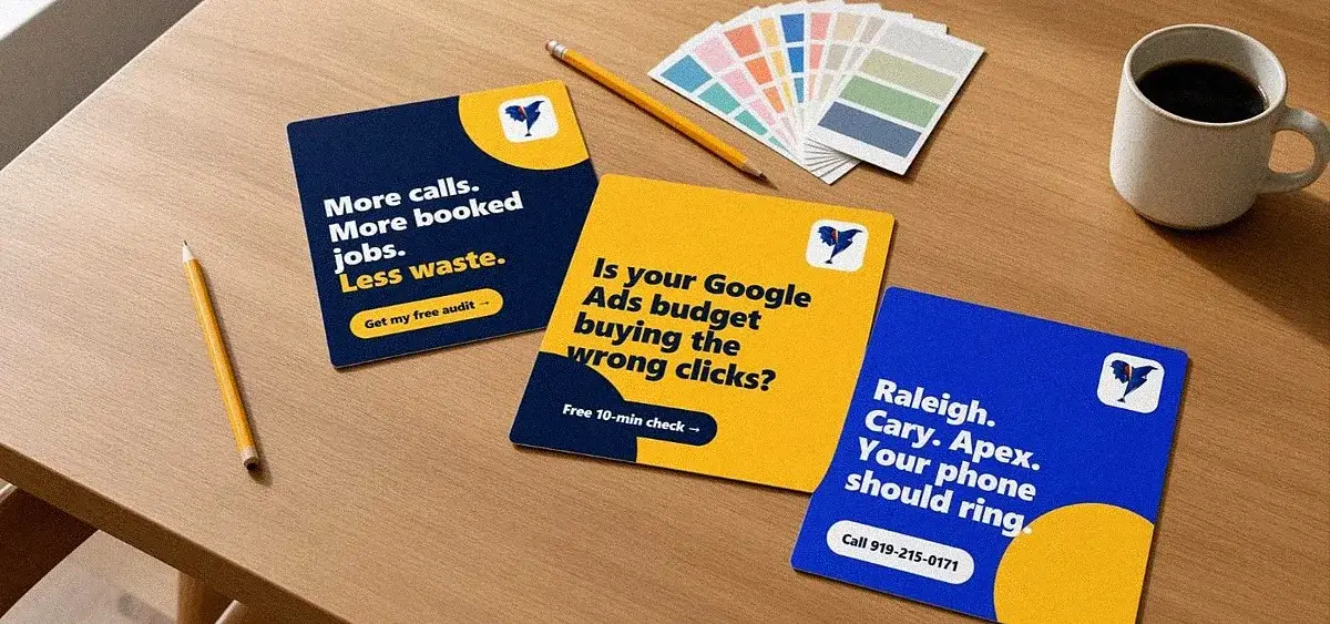 Three printed social media ad creatives laid out on a desk