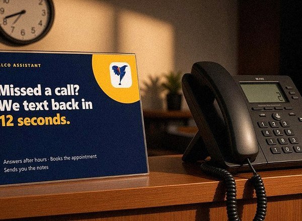 Falco Assistant counter card beside a ringing desk phone