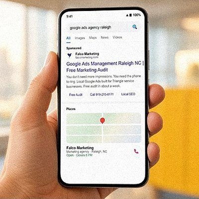 Sponsored Google search result for Falco Marketing on a phone