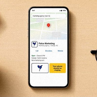 Falco Marketing Google Business Profile card on a phone