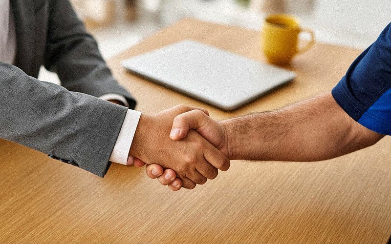 Handshake across a desk between Falco Marketing and a client