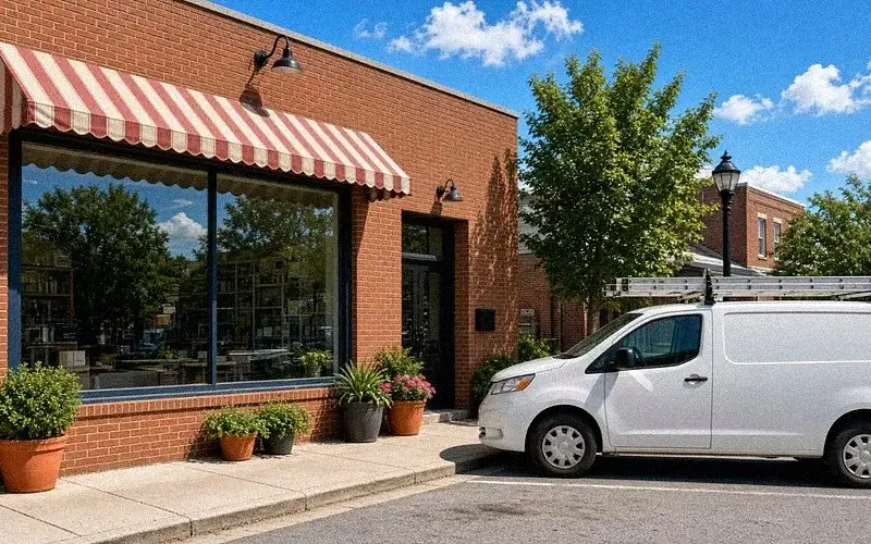 Established brick storefront with a work van parked out front